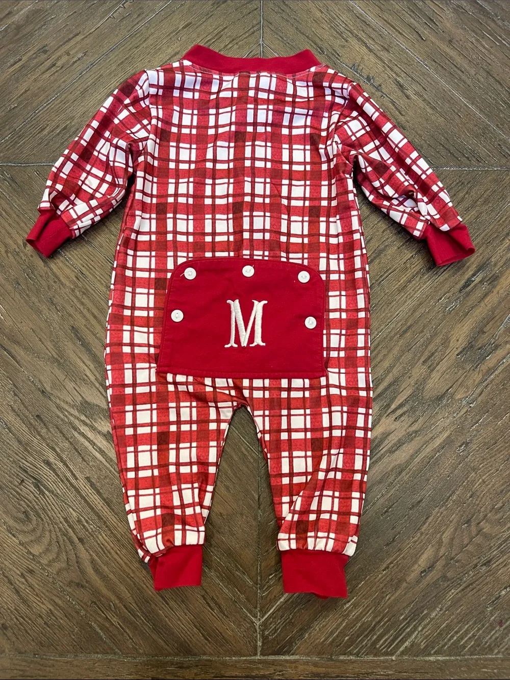 Sew Magnolias Smocks Red and White Plaid Zipper Sleeper With M on the Bottom